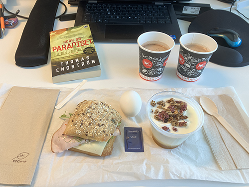 Skrivbordslunch på jobbet med boken Norr om paradiset