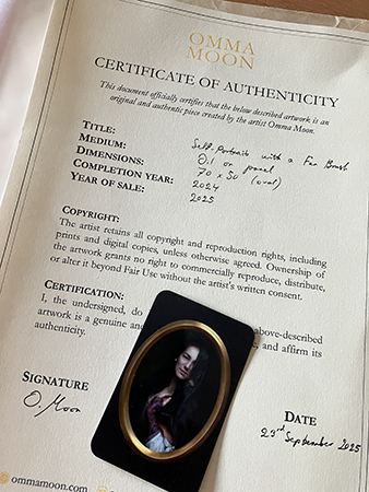 Äkthetsintyg på Omma Moons tavla självporträtt