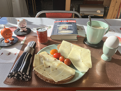 Hemmalunch vid soligt köksbord mackor ägg Varma koppen Hopptisarna och Påfågelmannen