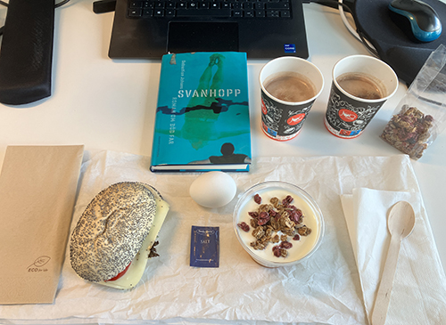 Skrivbordslunch på jobbet med boken Svanhopp