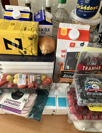 Fil mjölk kaffe ost tranbär ljus kalkon tomater bär ägg kelda medicin nästdukar ättikssprit lök