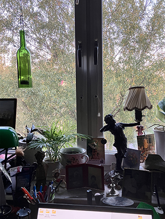 Höst med björk som börjat gulna utanför arbetsrumsfönstret