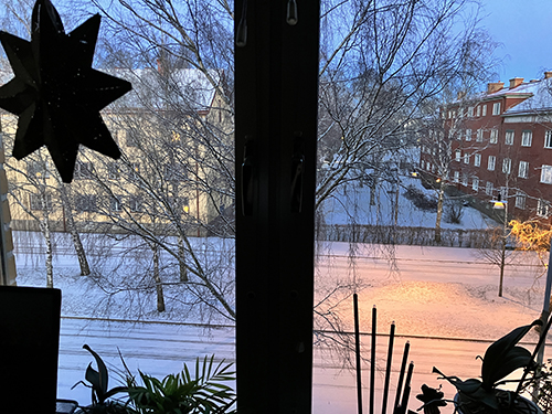 Snö utanför arbetsrumsfönstret nyårsaftons morgon 2025