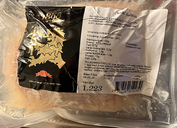 Kokt kalkon ett komma två kilo i påse