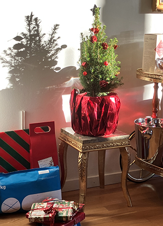 Sol på mina julklappar och min lille gran