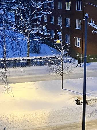 Ensam människa på morgonpromenad vinter