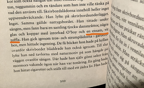 En ensam vit toffla citat ur Utan dig av Lina Areklew En ensam vit toffla citat ur Utan dig av Lina Areklew