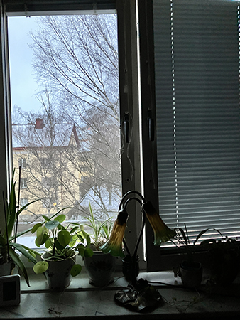 Sovrumsfönstret med en persienn nerdragen och en uppe