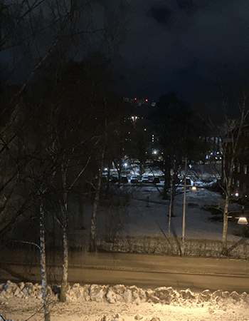 Februarimorgon genom fönstret i gästrummet ut mot St Olofsgatan