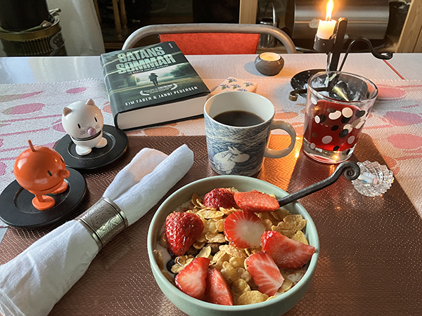 Filfrukost med jordgubbar o flingor Hopptisarna levande ljus o Satans sommar