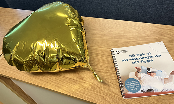 Guldballong och bok med titeln Så fick vi IoT-lösningarna att flyga på en bänk