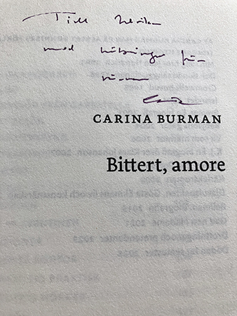 Hälsning från författaren Carina Burman på titelbladet till Bittert amore