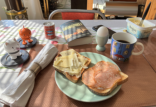 Hemmalunch med rostat o ägg Hopptisarna kaffe o boken Skuggriket