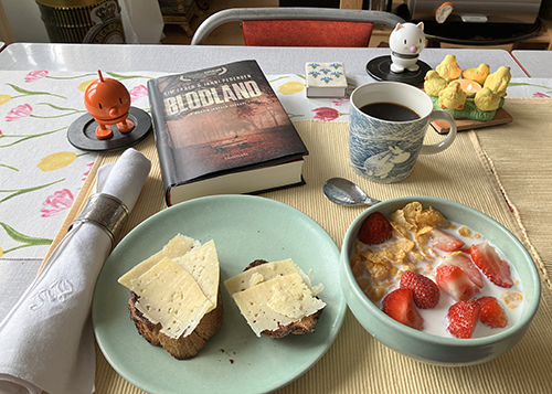 Långfredagsfrukost med rostat nötbröd flingor o jordgubbar m mjölk Hopptisarna o Blodland