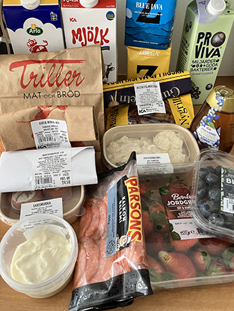 Fil mjölk kaffe Pro viva Trillerpåse skaldjur aioli pålägg kyckling o potatisgratäng bär honung