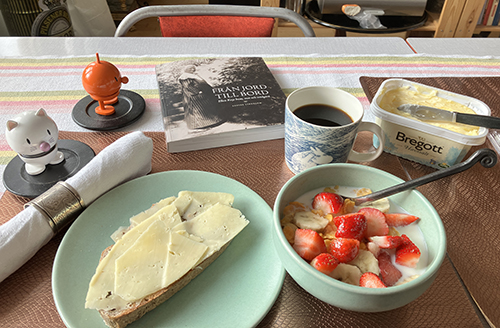 Frukost med rostat nötbröd o ost flingor jordgubbar banan o mjölk Hopptisarna o Från jord till bord Frukost med rostat nötbröd o ost flingor jordgubbar banan o mjölk Hopptisarna o Från jord till bord