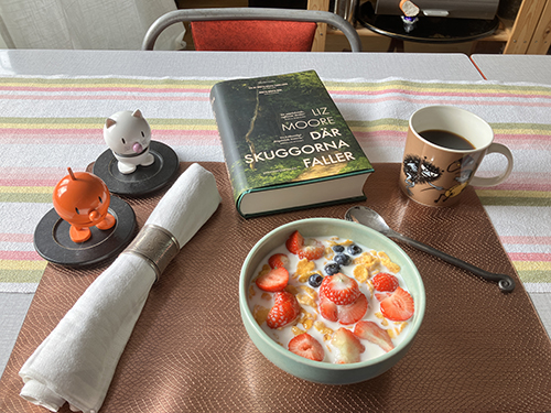 Lördagsfrukost flingor jordgubbar blåbär o mjölk Hopptisarna o Där skuggorna faller