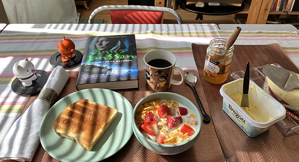 Lördagsfrukost med Hopptisarna rostat bröd flingor mjölk o jordgubbar o Minnet av en mardröm
