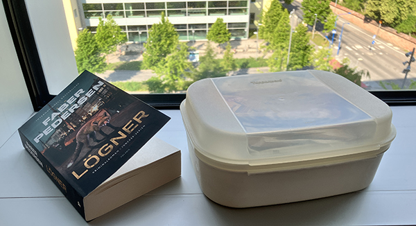 Boken Lögner och lunchlåda i fönstret på jobbet