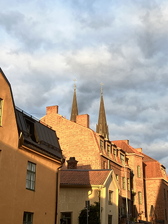 Domkyrkotornen bakom hus julikväll