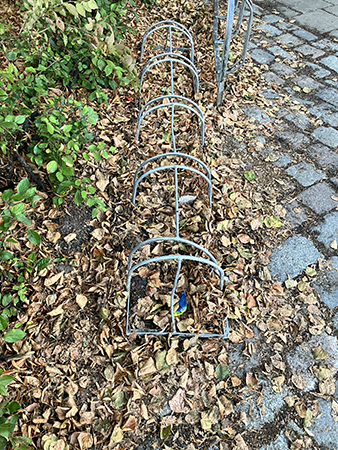 Bruna löv över cykelställ