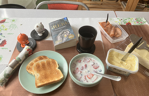 Frukost med Hopptisarna o Husdjuret rostat bröd jordgubbar o blåbär m mjölk