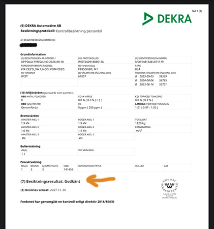 Bilen godkänd på besiktningen 18 september 2026