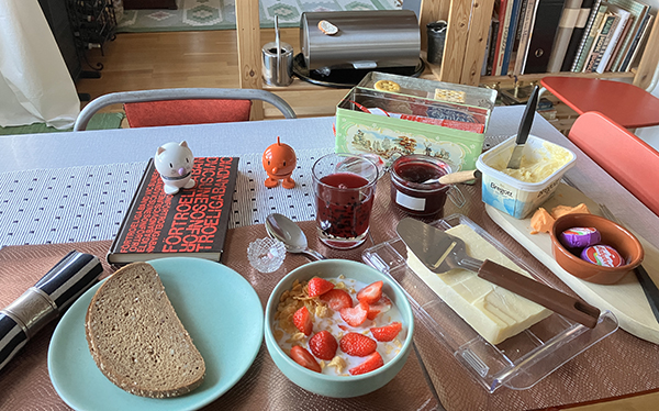 Bröd flingor jordgubbar o mjölk ost Pro Viva Annas krusbärsmarmelad kex Hopptisarna o Förtroeliga band