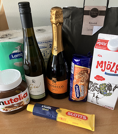 Hushållspapper helgkasse nutella vitt vin prosecco hobnobs mjölk senap