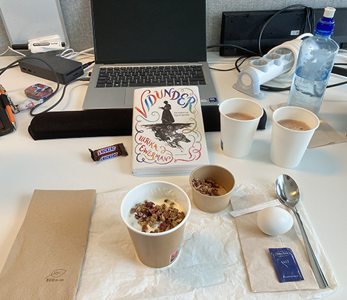 Skrivbordslunch med yoghurt müsli o ägg o boken Vidunder