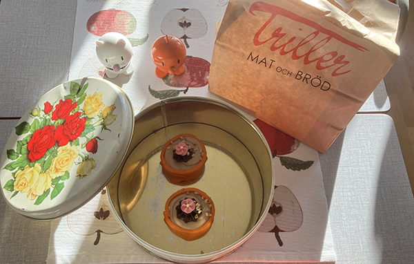Två Noisette i blomburken på soligt köksbord oktober 2026 Två Noisette i blomburken på soligt köksbord oktober 2026